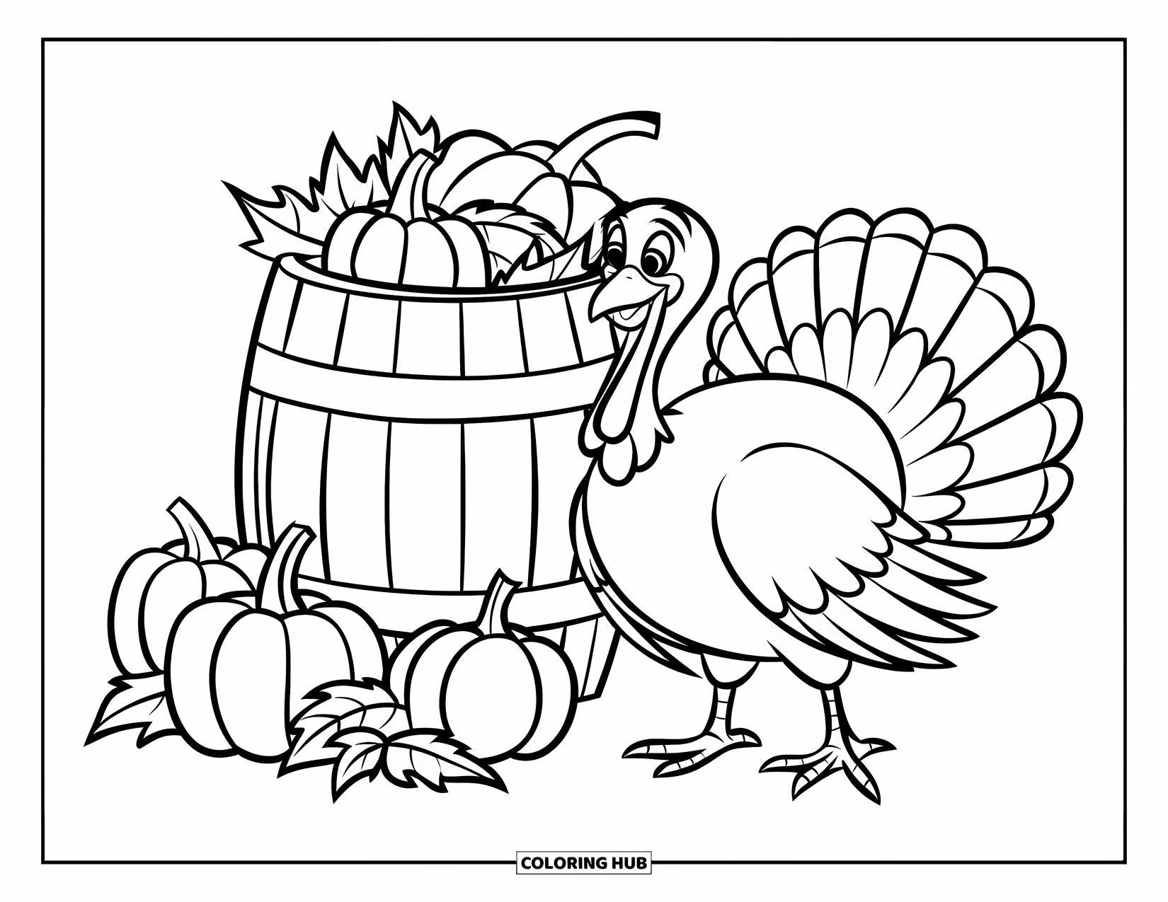 Thanksgiving Turkey Coloring Page for Kids: A turkey stands next to a harvest barrel in a simple fall scene