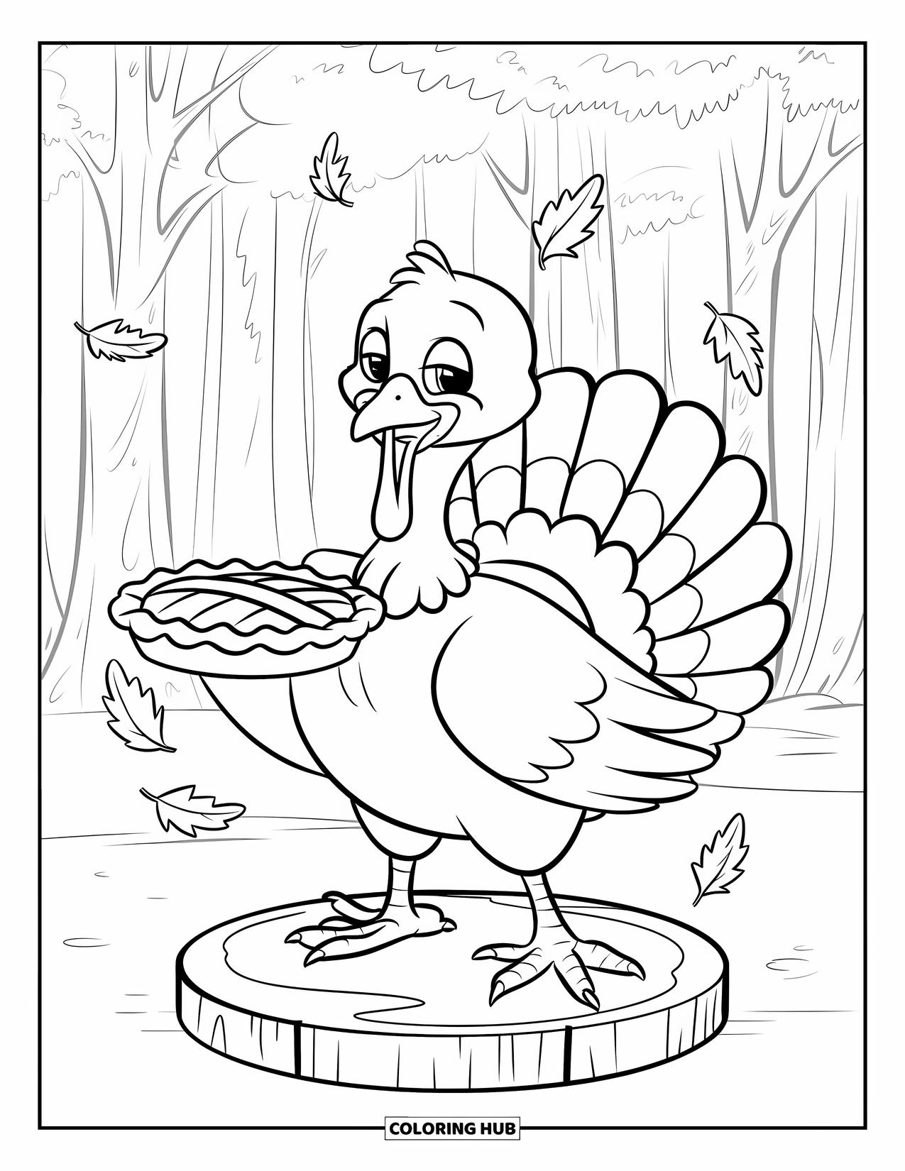 Thanksgiving Turkey Coloring Page for Kids: A turkey stands on a base, holding a pie with leaves falling