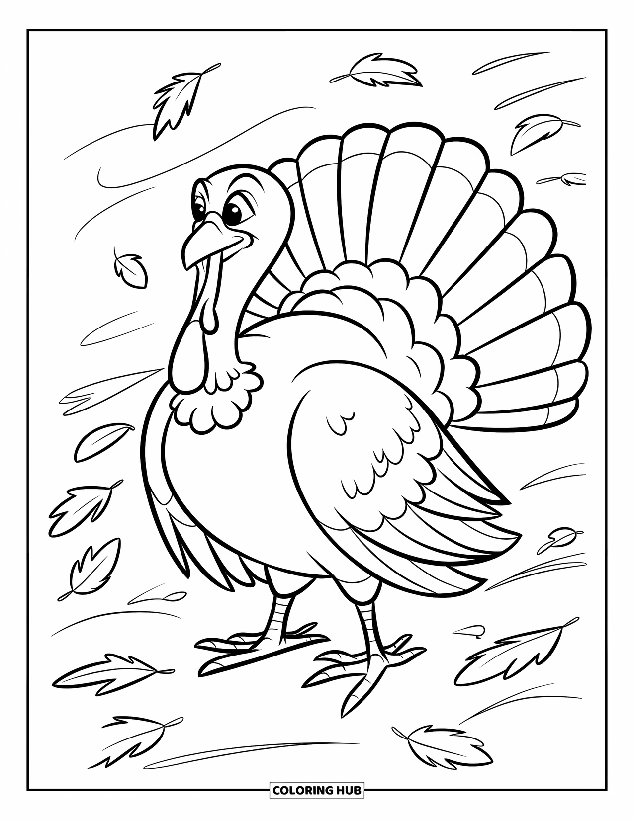 Thanksgiving Turkey Coloring Page for Kids: A turkey stands proud in a windy leaf-filled autumn field