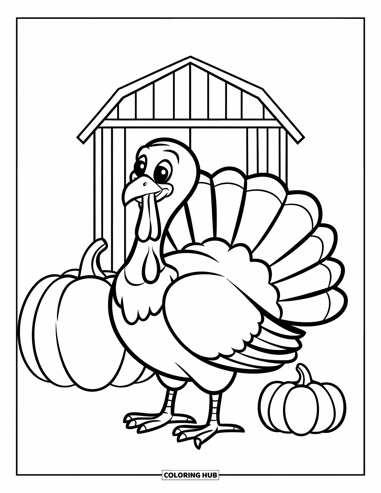 Thanksgiving Turkey Coloring Page for Kids: A turkey stands proudly between two pumpkins in front of a barn