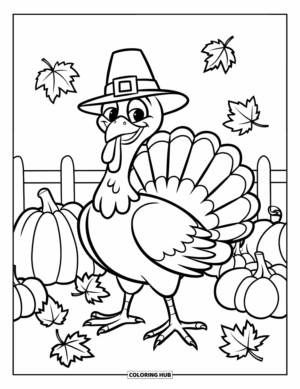 Thanksgiving Turkey Coloring Page for Kids: A turkey stands proudly in a pumpkin patch with falling autumn leaves