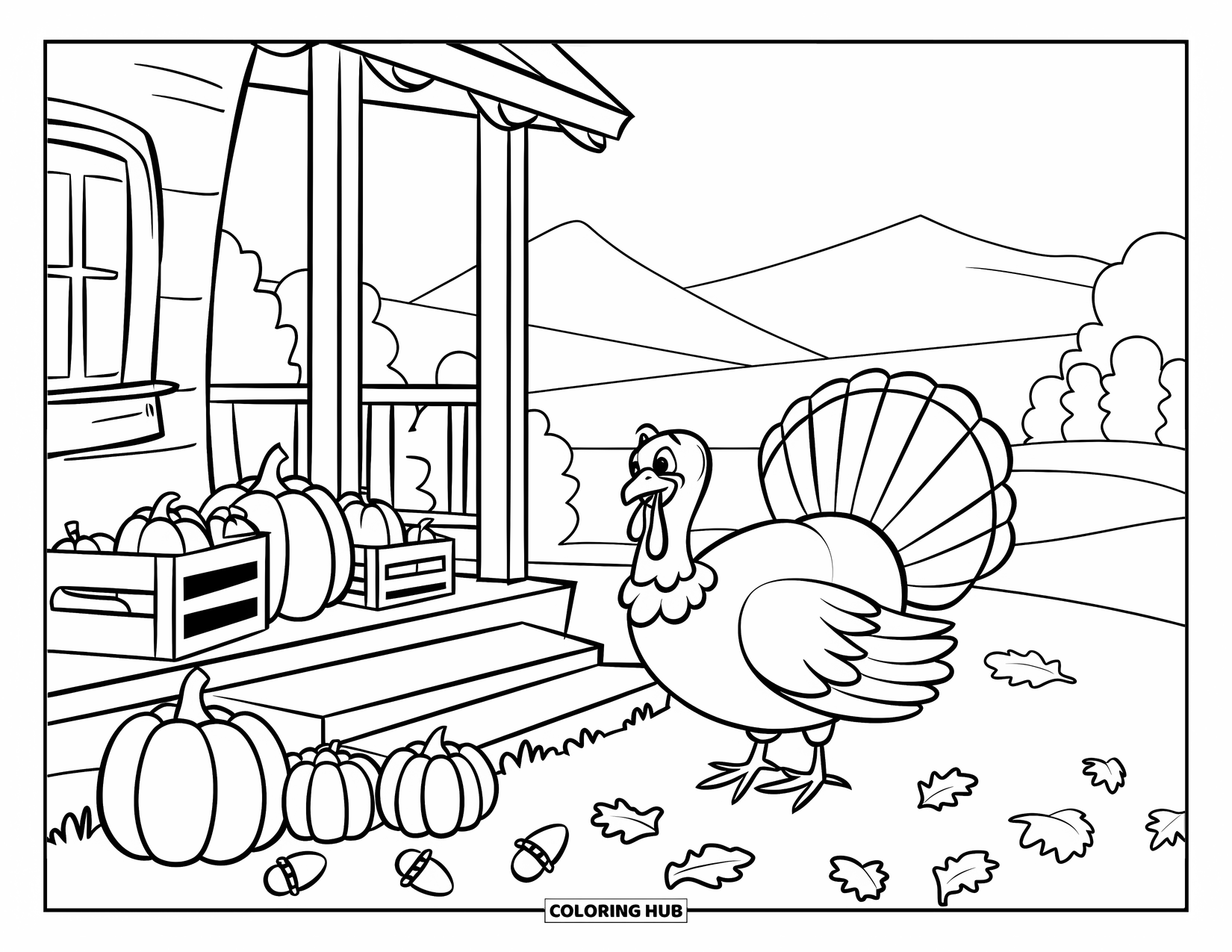 Thanksgiving Turkey Coloring Page for Kids: A turkey strolls near a porch with mountains, trees, and festive decorations