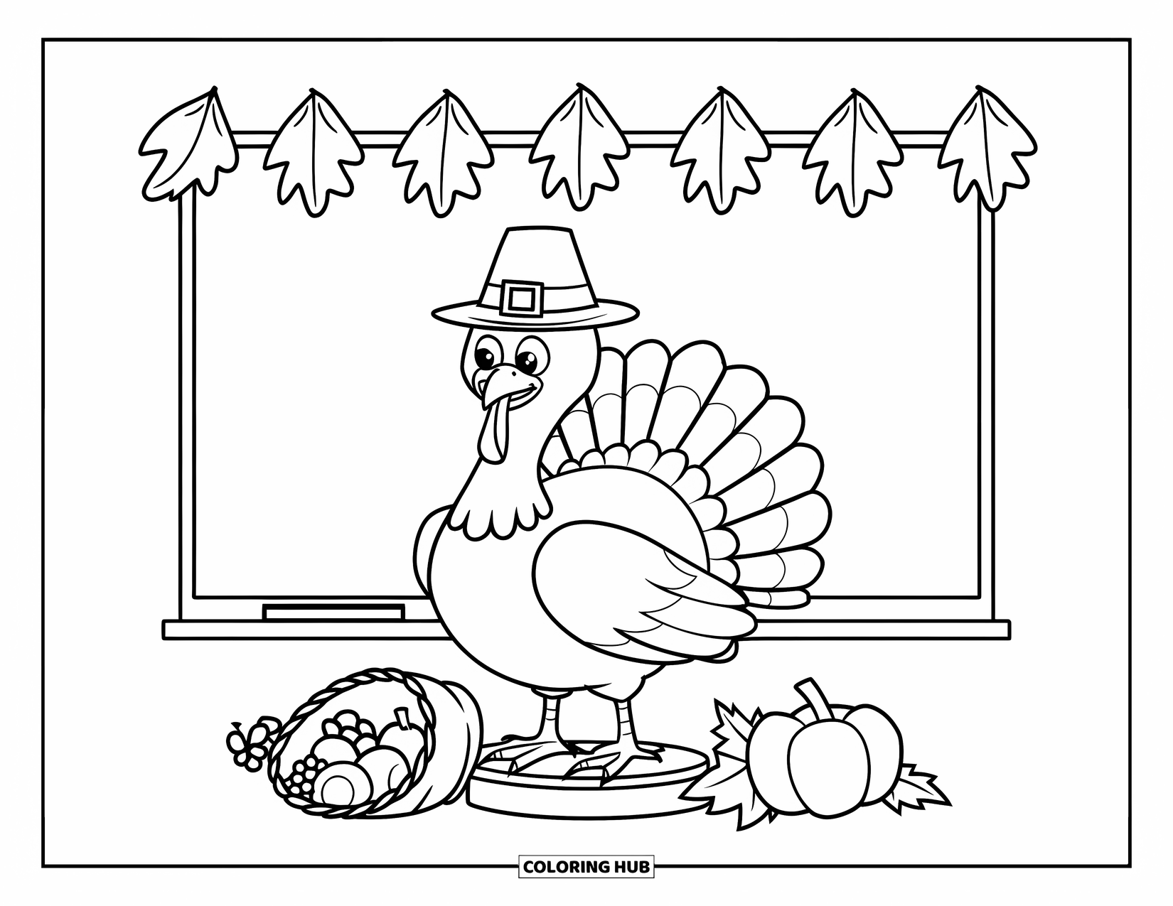 Thanksgiving Turkey Coloring Page for Kids: A turkey with a banner and cornucopia stands on a wooden stand