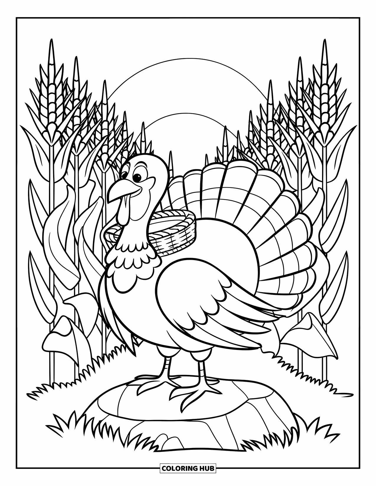 Thanksgiving Turkey Coloring Page for Kids: A turkey with a basket stands proudly on a rock in a cornfield