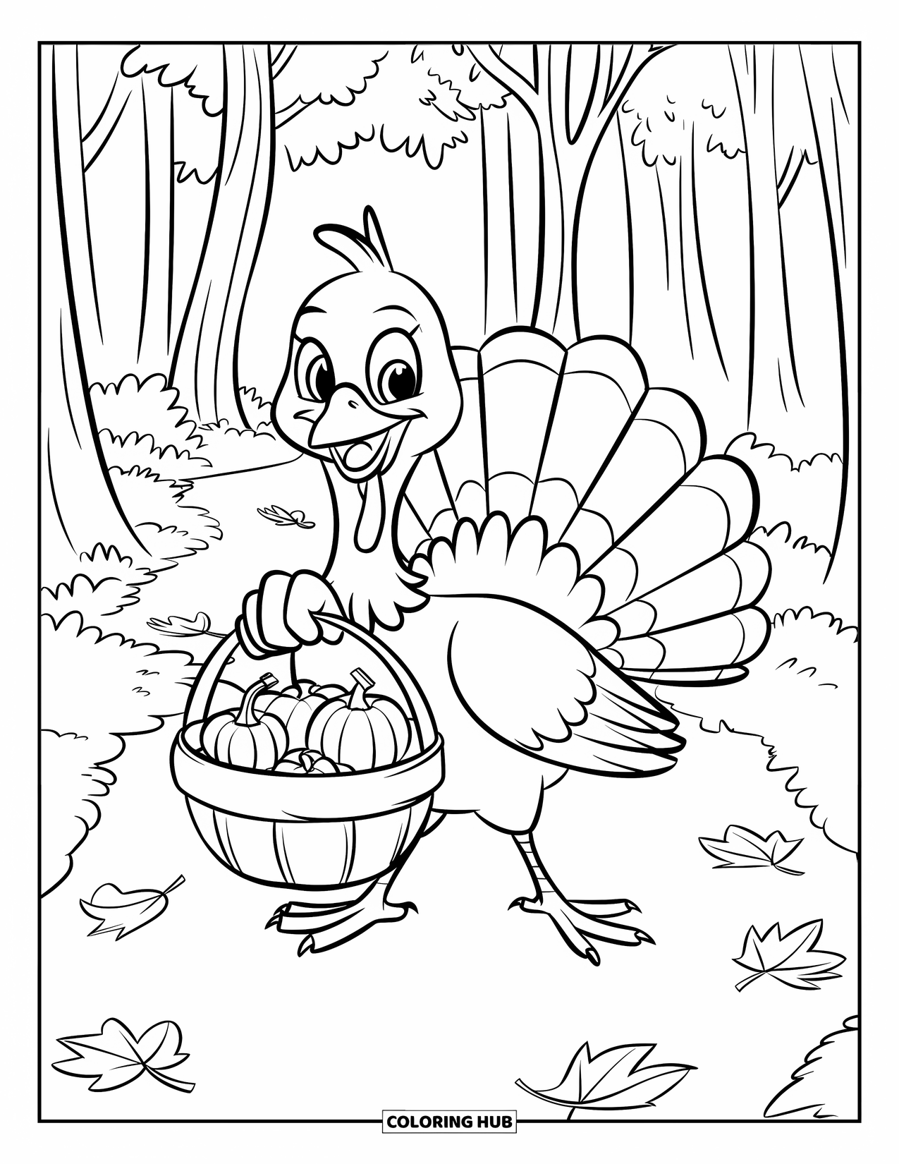 Thanksgiving Turkey Coloring Page for Kids: A turkey with a full basket walks down a cozy leaf-covered trail