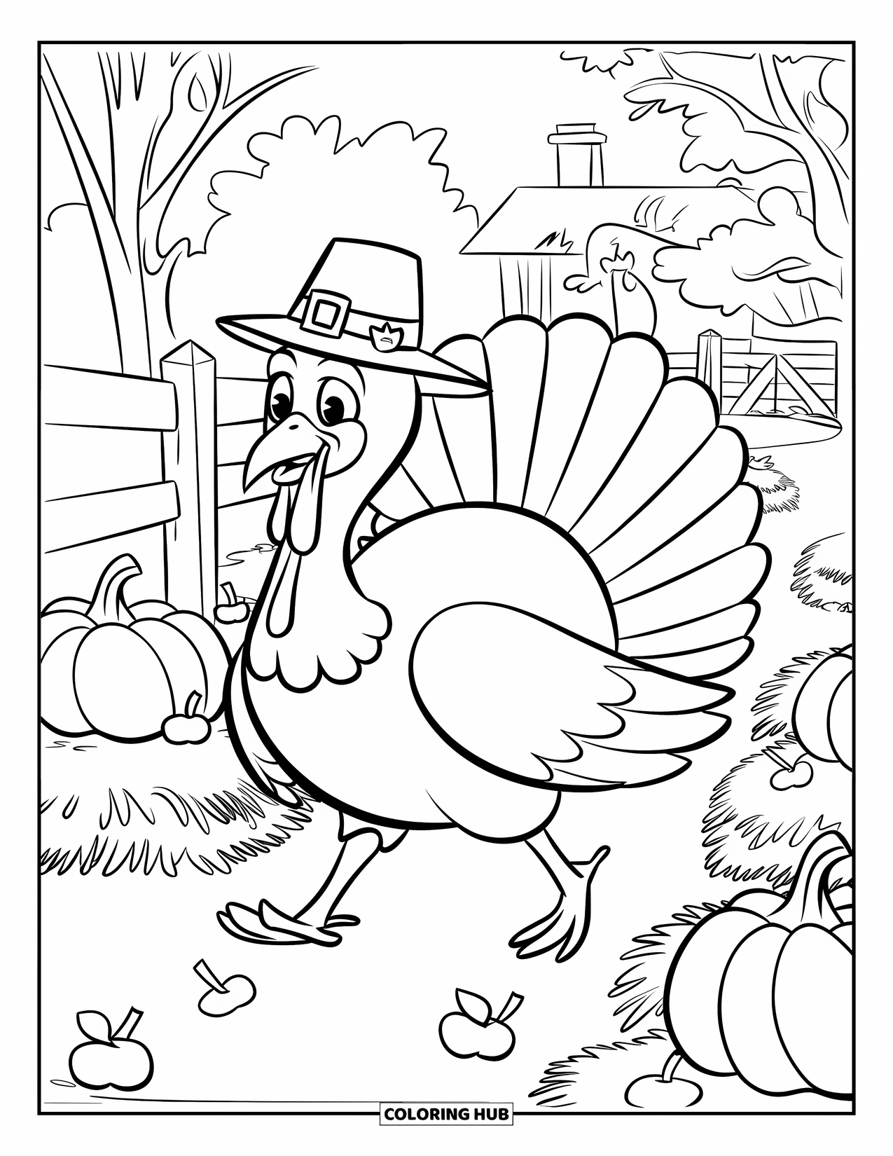 Thanksgiving Turkey Coloring Page for Kids: A turkey with a scarf walks past hay bales and apple baskets