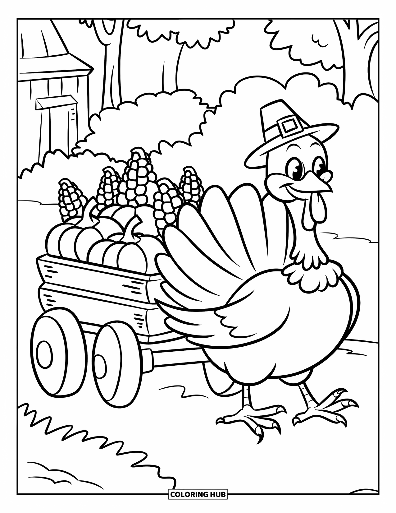 Thanksgiving Turkey Coloring Page for Kids: A turkey with a small hat smiles while pulling a wagon through autumn trees