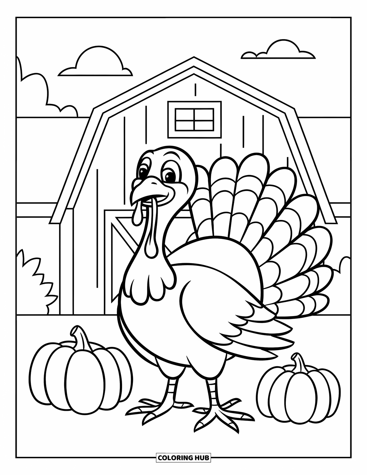 Thanksgiving Turkey Coloring Page for Kids: A turkey with pumpkins on both sides stands near a barn