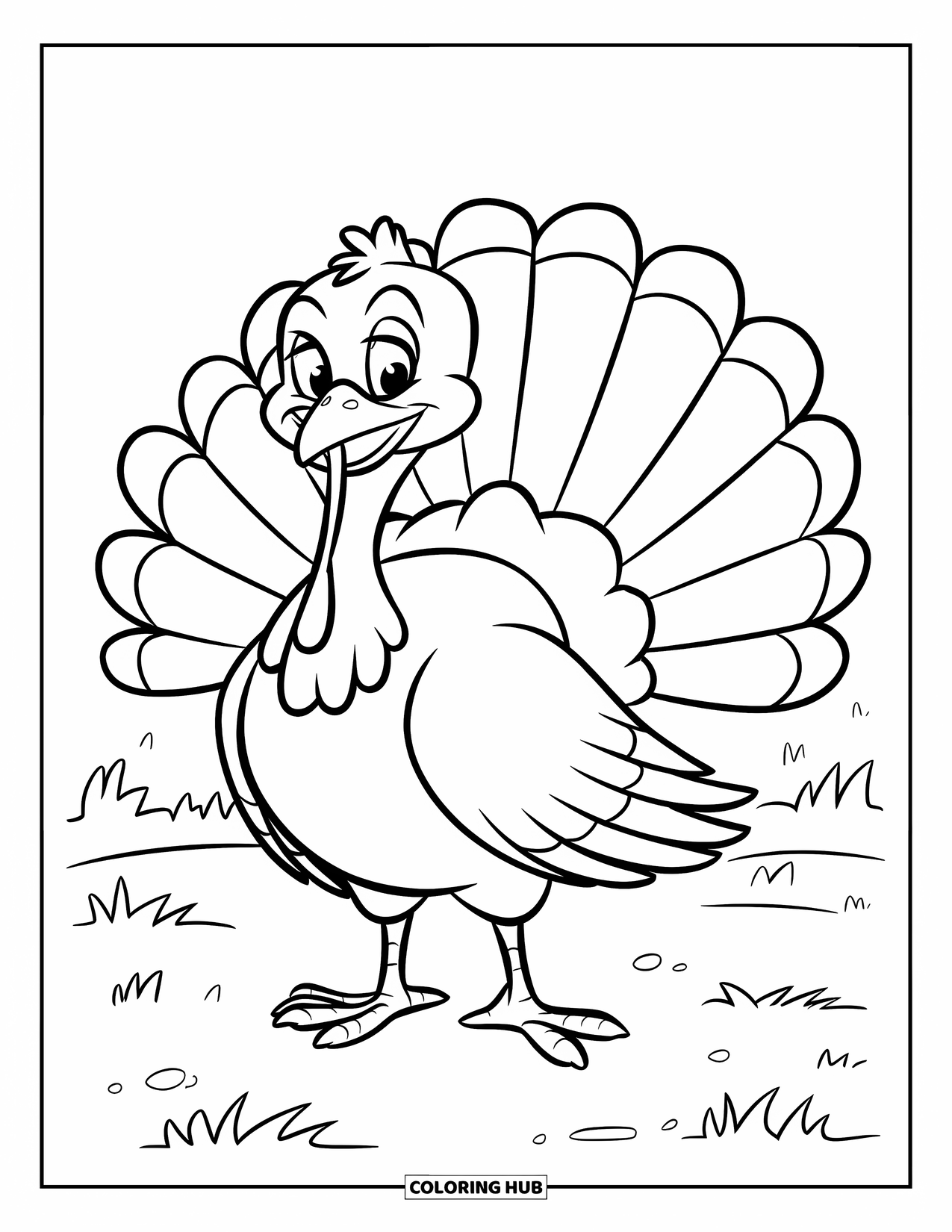 Thanksgiving Turkey Coloring Page for Kids: A turkey with wide feathers poses happily in a grassy space