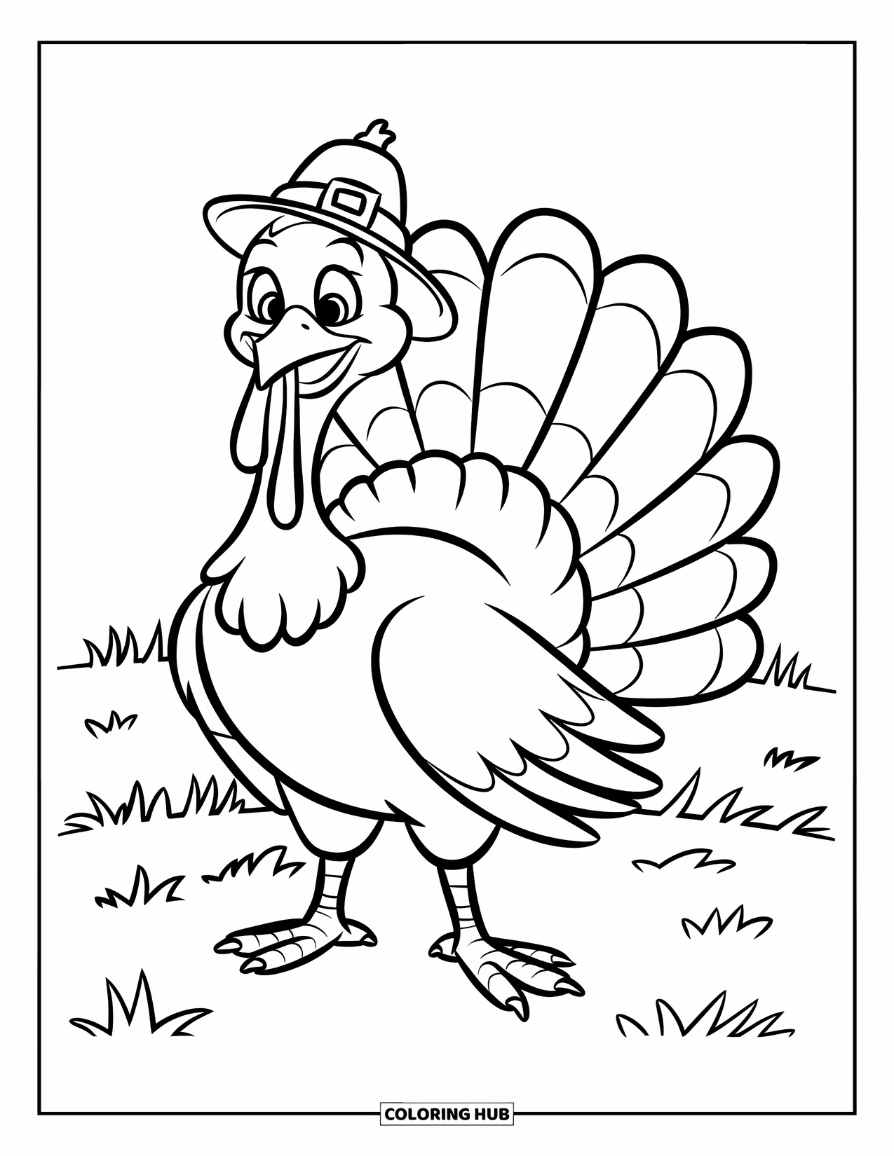 Thanksgiving Turkey Coloring Page for Kids: A turkey with wide feathers stands alone in a grassy field