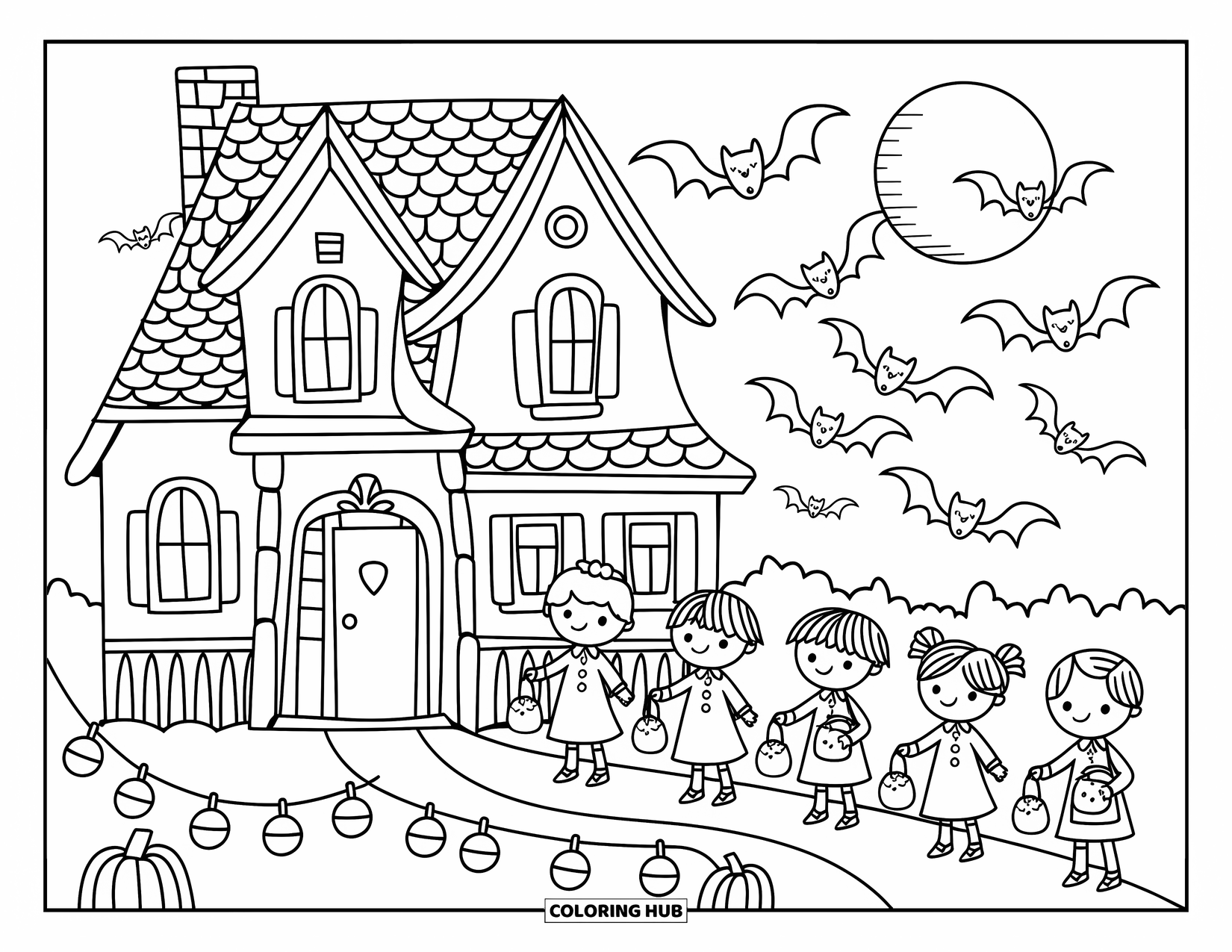 Trick Or Treat Coloring Page for Adults: Children dressed for Halloween walk toward a lantern-lit spooky house