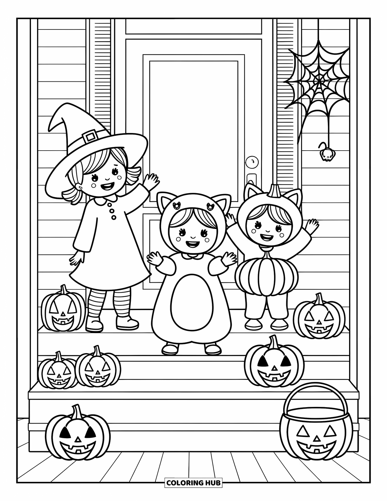 Trick Or Treat Coloring Page for Adults: Children in witch, cat, and pumpkin outfits pose on a festive porch