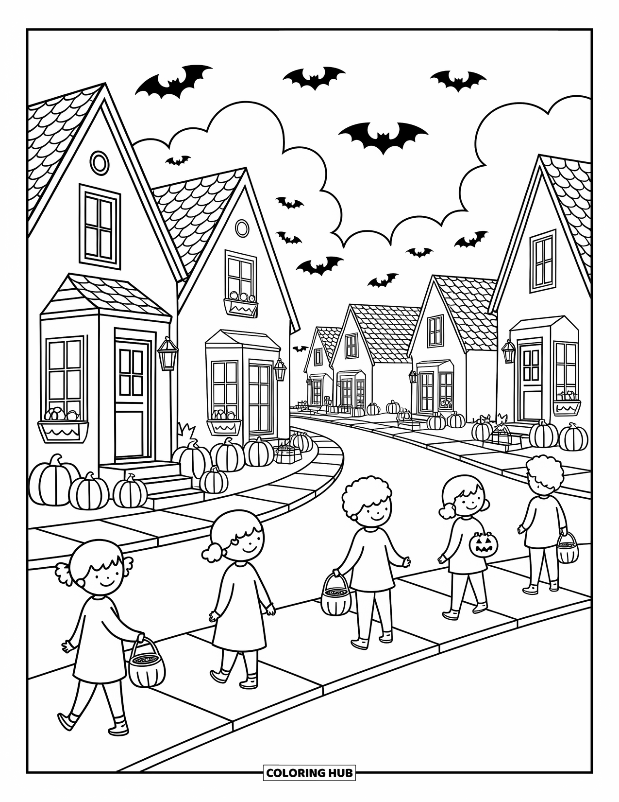 Trick Or Treat Coloring Page for Adults: Children trick-or-treating along a cozy, lantern-lit neighborhood street