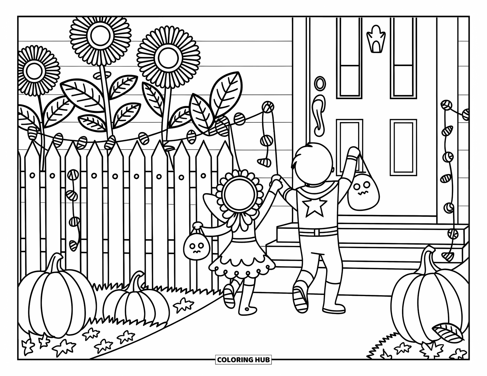 Trick Or Treat Coloring Page for Adults: Fairy and superhero children hurry to a glowing door on an autumn evening