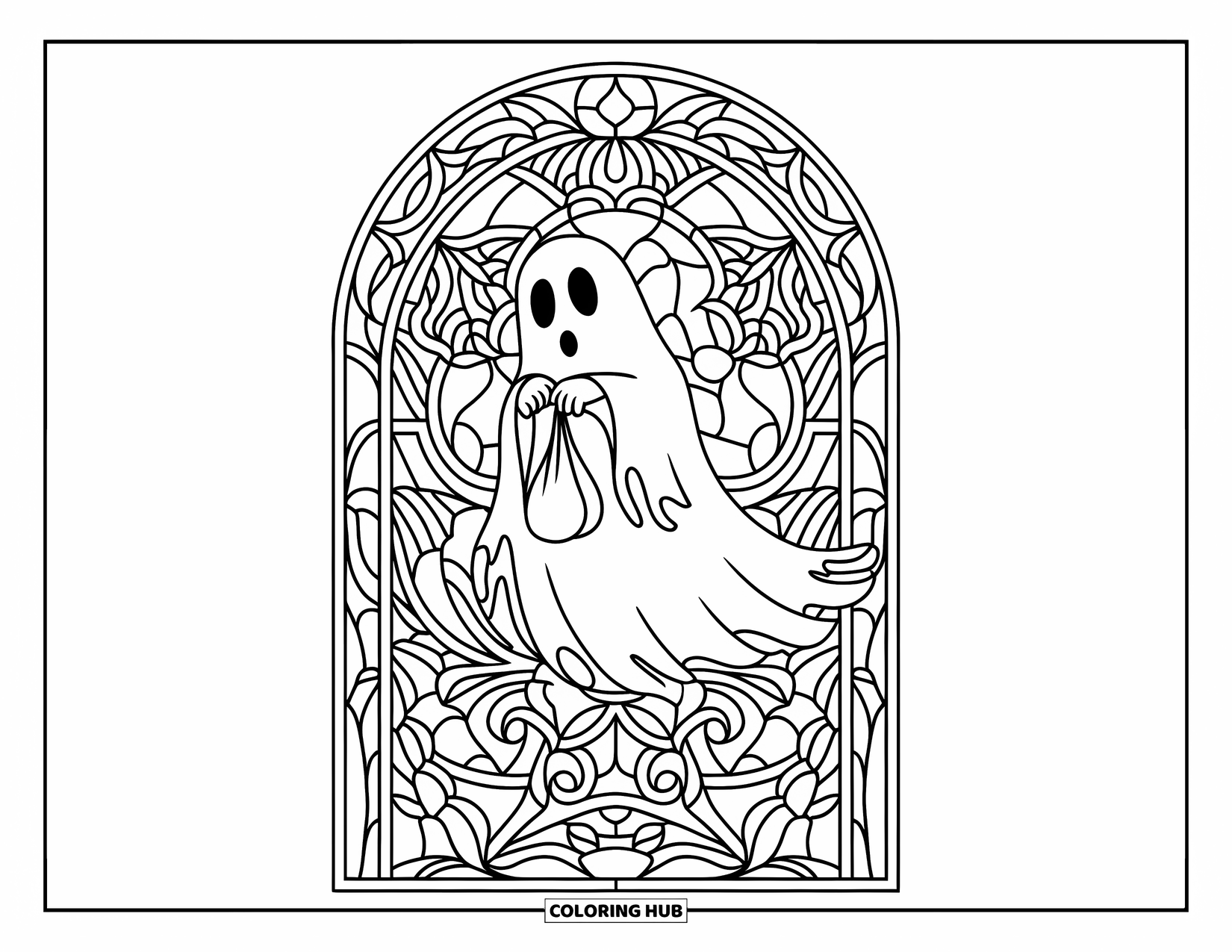 Trick Or Treat Coloring Page for Adults: Ghost with a treat bag framed by ornate stained glass patterns