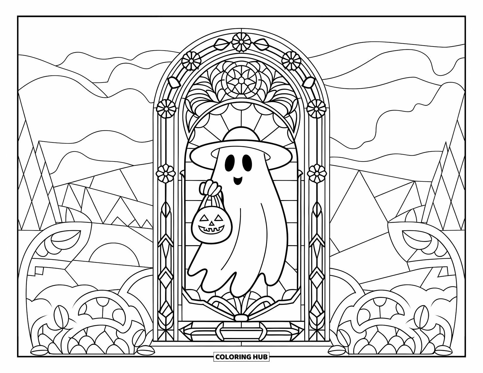 Trick Or Treat Coloring Page for Adults: Ghost with a treat bag standing before a scenic stained glass design