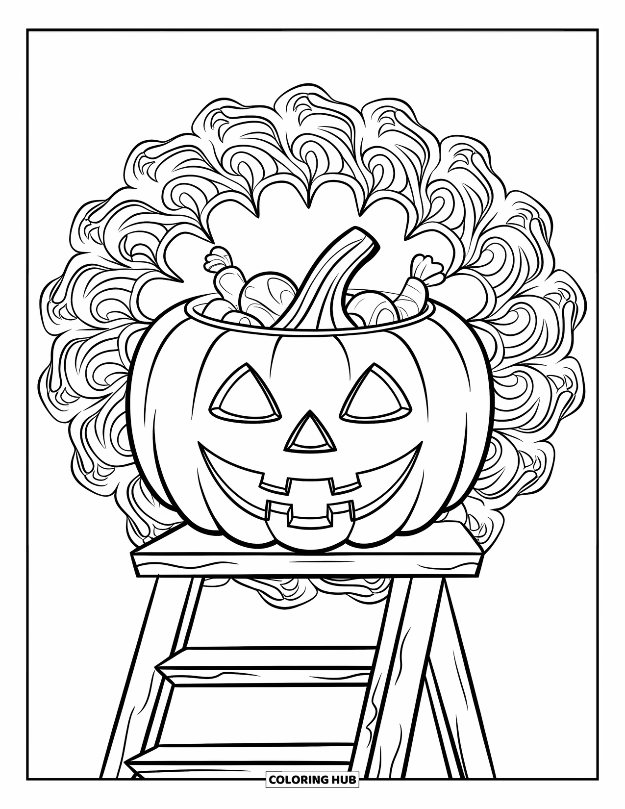 Trick Or Treat Coloring Page for Adults: Jack-o'-lantern filled with candy set against a vine mandala