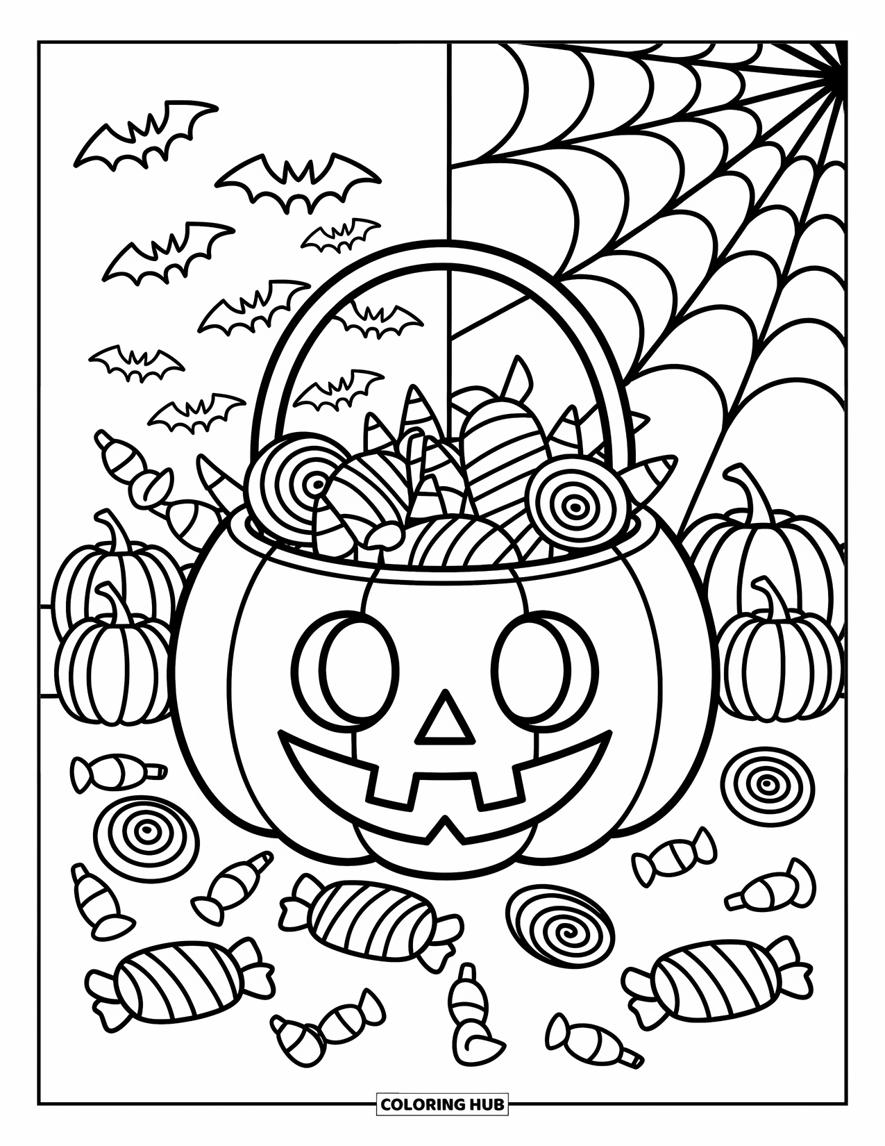 Trick Or Treat Coloring Page for Adults: Pumpkin bucket full of candy with bats, pumpkins, and a spiderweb