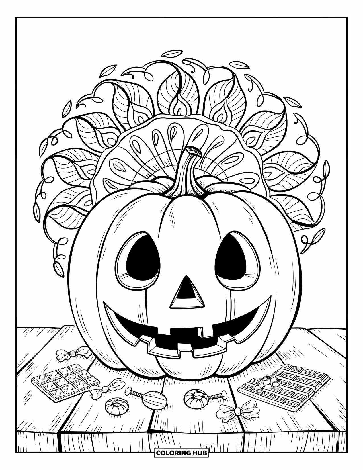 Trick Or Treat Coloring Page for Adults: Pumpkin candy bucket on a table with sweets and vine mandala