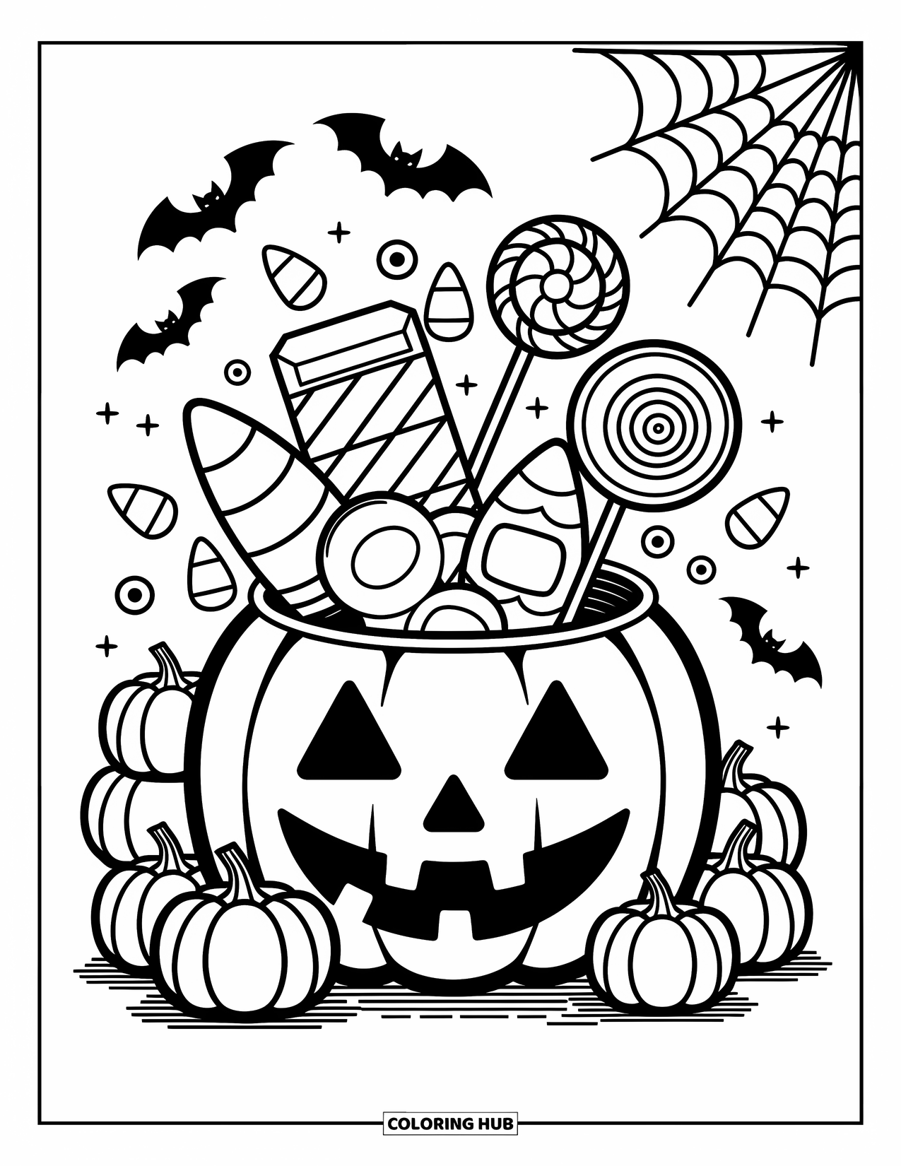 Trick Or Treat Coloring Page for Adults: Pumpkin candy bucket overflowing with sweets beside bats and a spiderweb