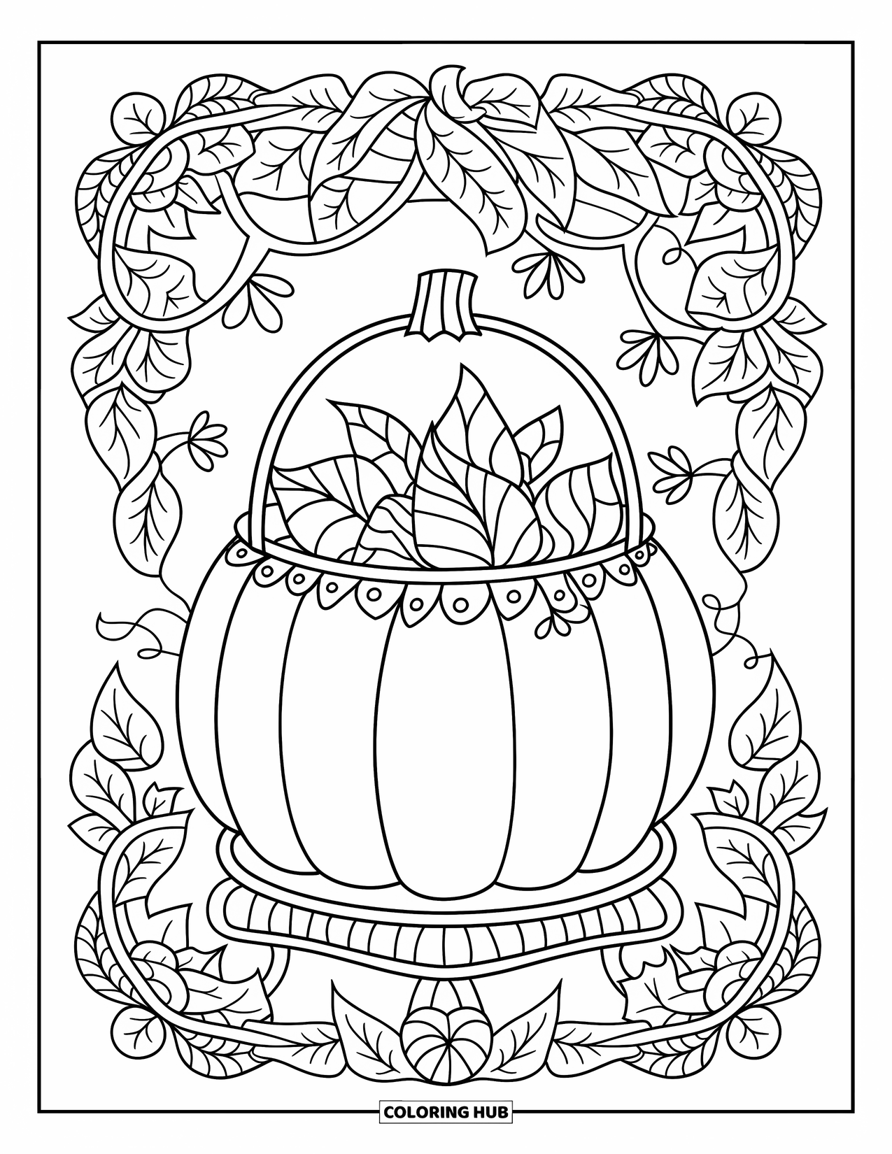 Trick Or Treat Coloring Page for Adults: Pumpkin candy bucket surrounded by a floral mandala of vines and flowers