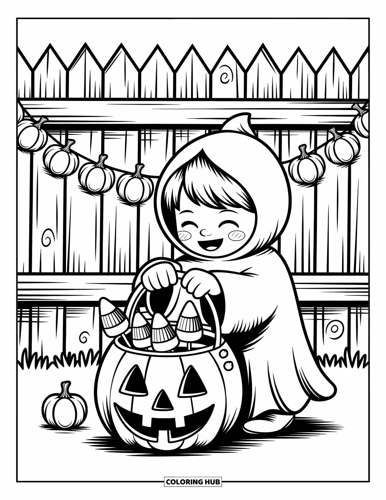 Trick Or Treat Coloring Page for Adults: Smiling child in a ghost costume with a pumpkin candy bucket
