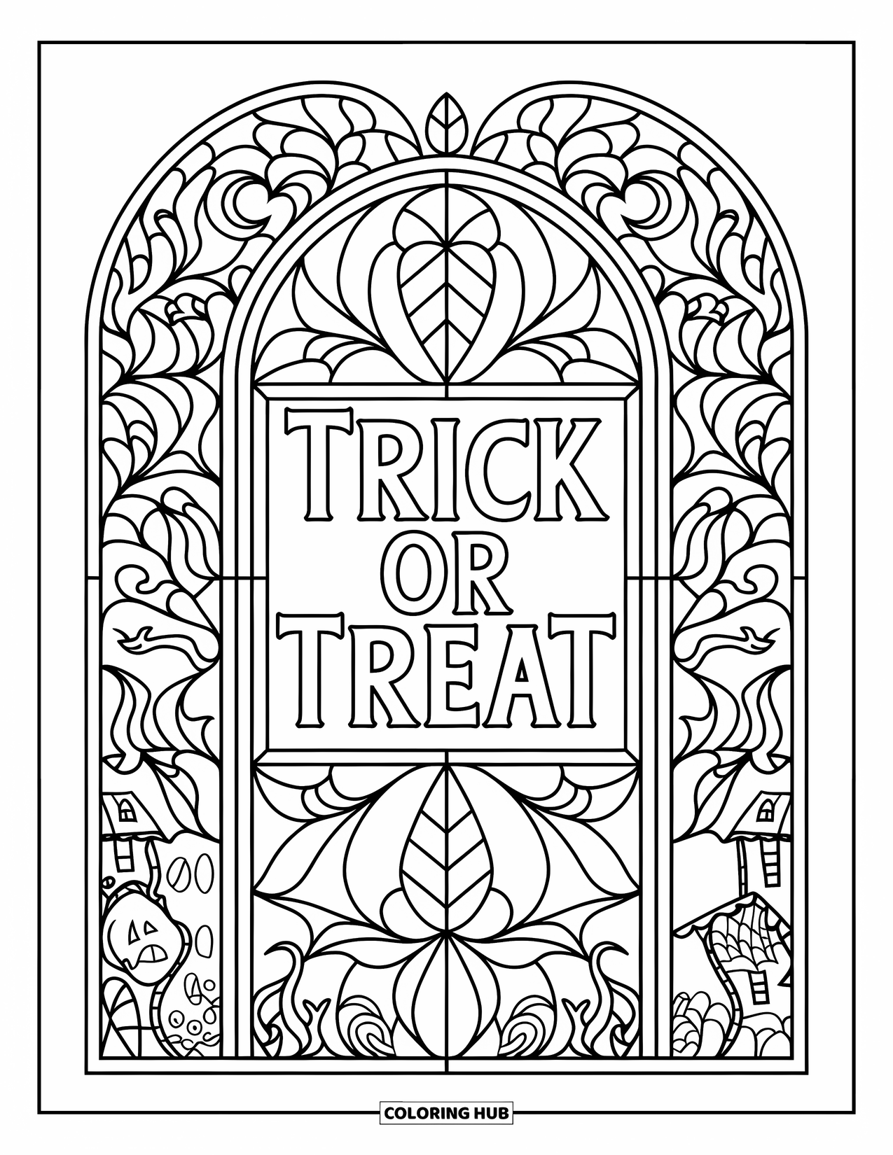 Trick Or Treat Coloring Page for Adults: Stained glass frame with moons and vines around a "Trick or Treat" banner