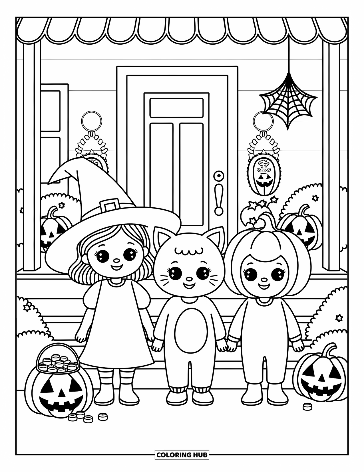 Trick Or Treat Coloring Page for Adults: Three costumed kids stand by a porch with jack-o'-lanterns and candy