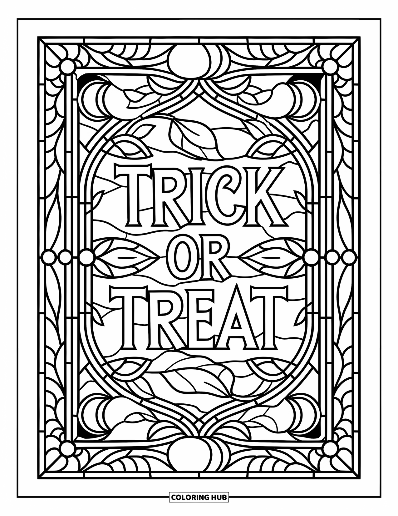Trick Or Treat Coloring Page for Adults: "Trick or Treat" banner framed by moons and leaves in stained glass