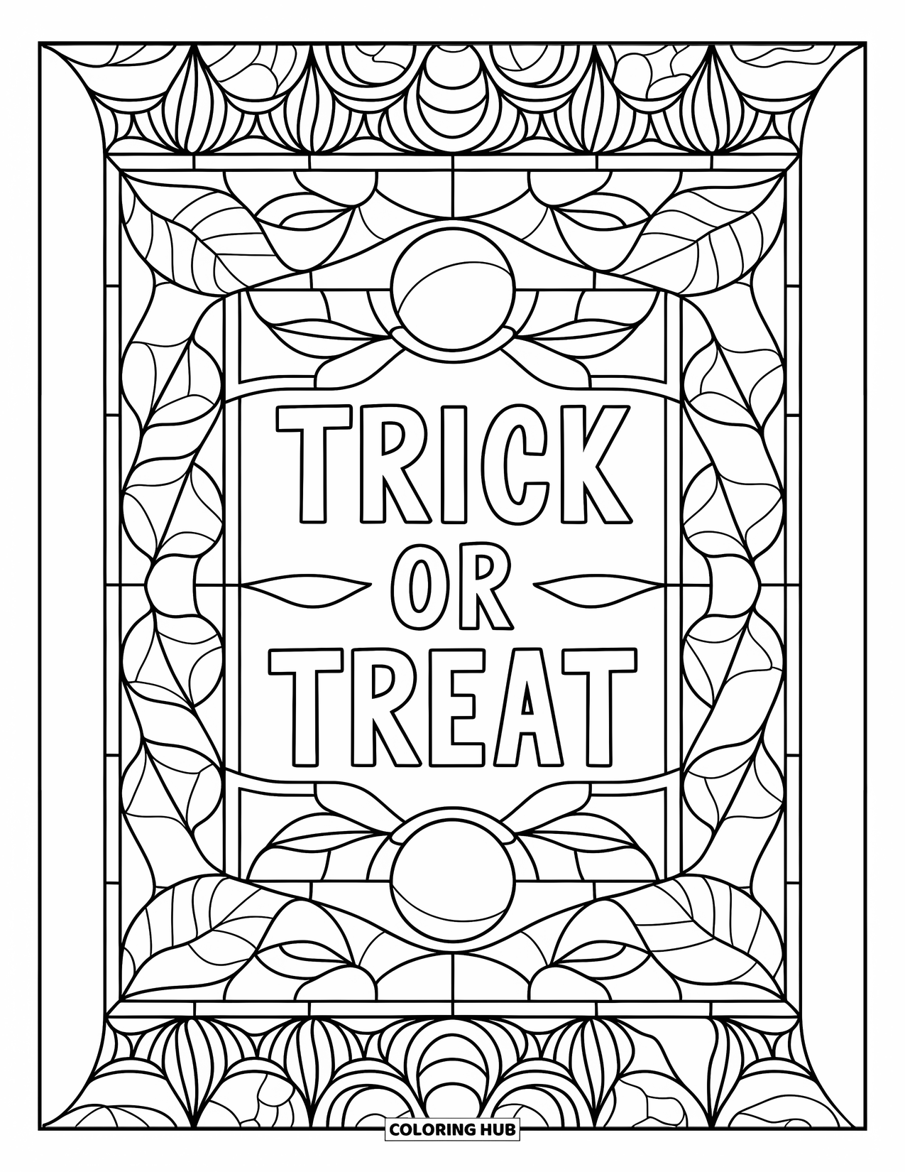 Trick Or Treat Coloring Page for Adults: "Trick or Treat" banner inside a stained glass frame of moons and leaves