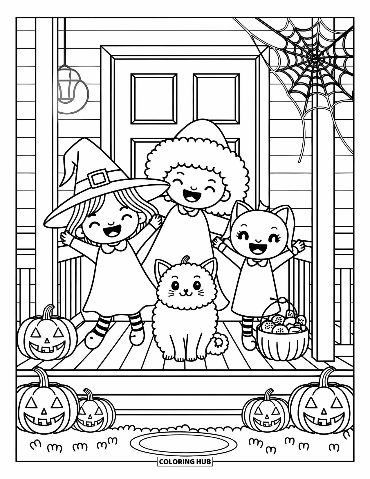 Trick Or Treat Coloring Page for Adults: Witch, cat, and pumpkin kids gather on a glowing Halloween porch