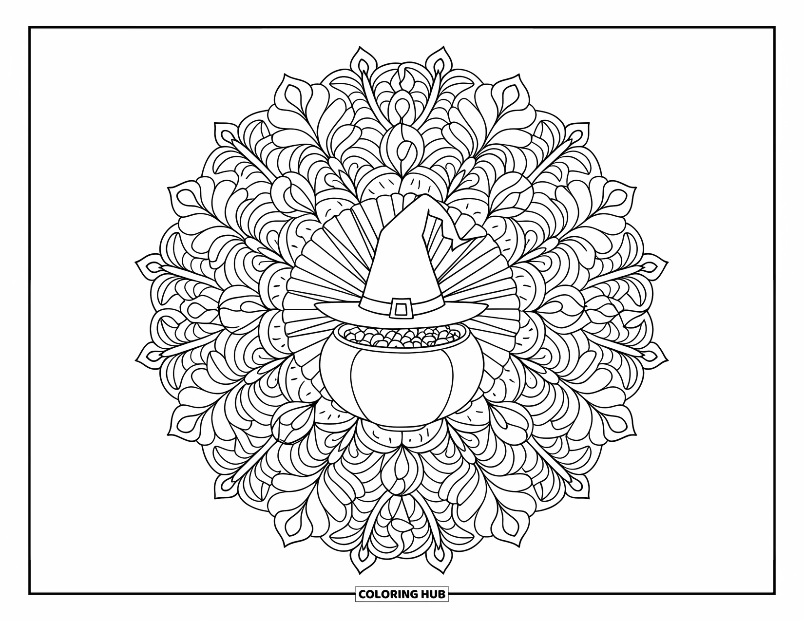 Trick Or Treat Coloring Page for Adults: Witch's hat and candy bowl centered in a floral mandala