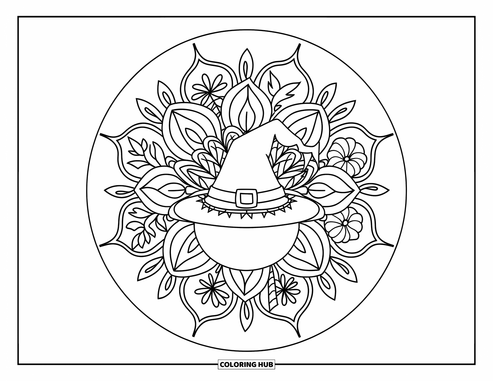 Trick Or Treat Coloring Page for Adults: Witch's hat and candy bowl surrounded by leaves and flowers in a mandala