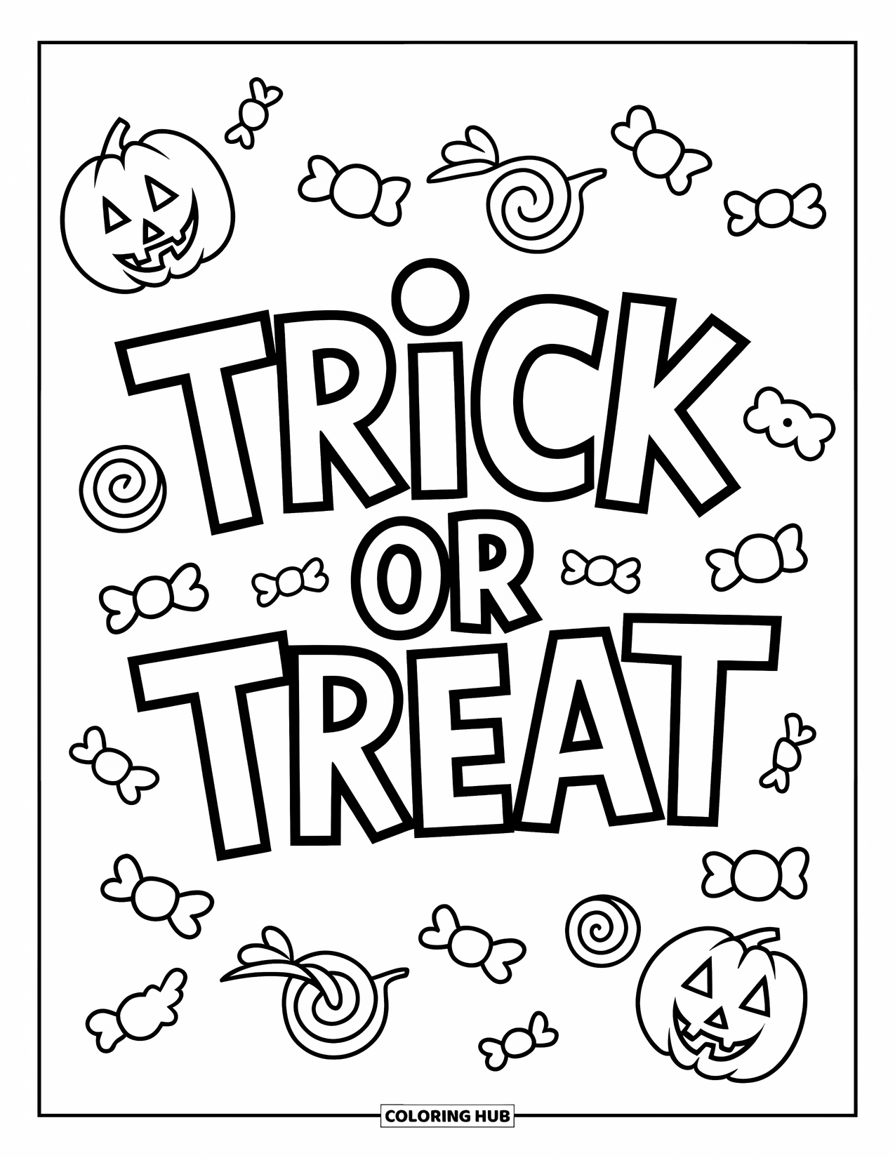 Trick Or Treat Coloring Page for Kids: Big "Trick or Treat" sign with candy scattered around