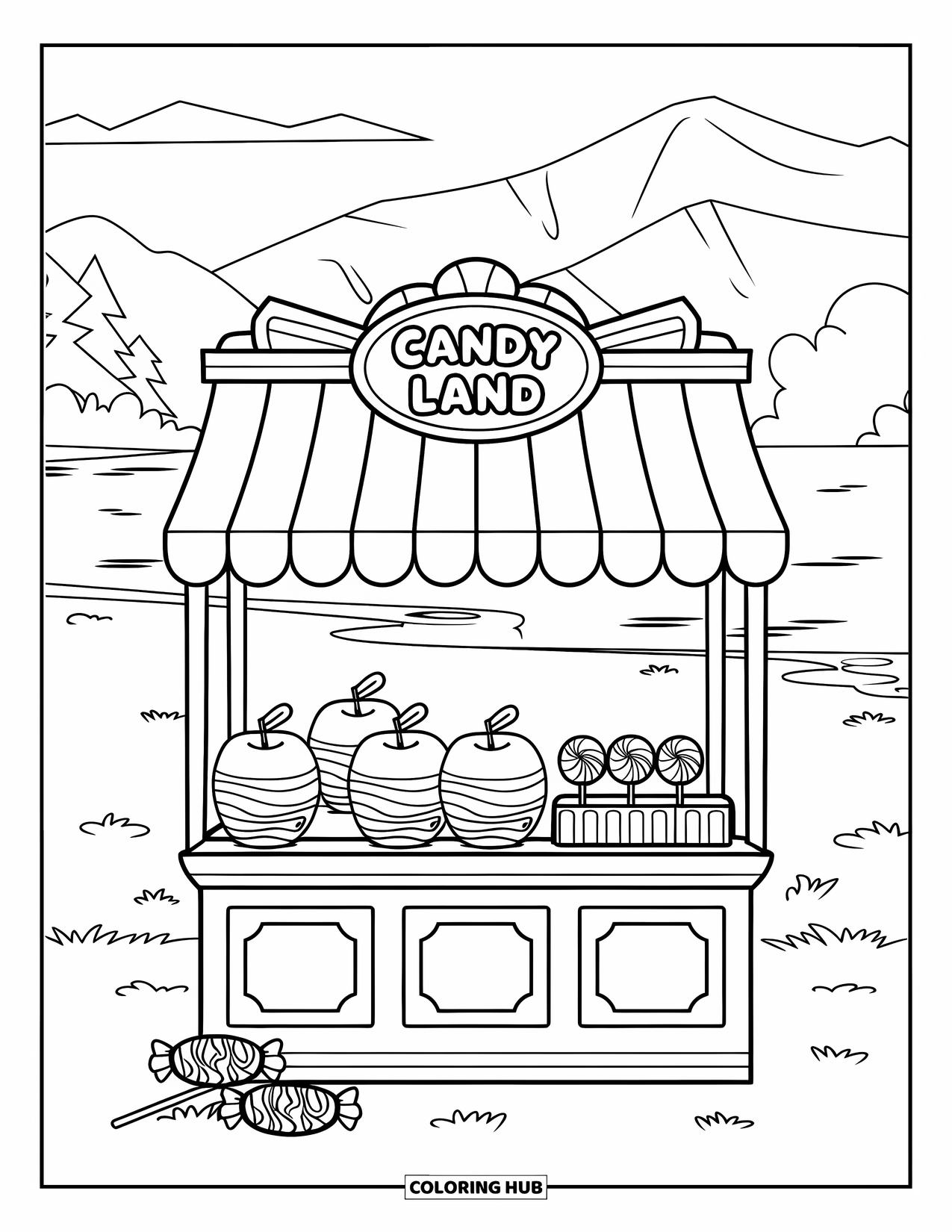 Trick Or Treat Coloring Page for Kids: Candy stand labeled "Candy Land" with treats nearby