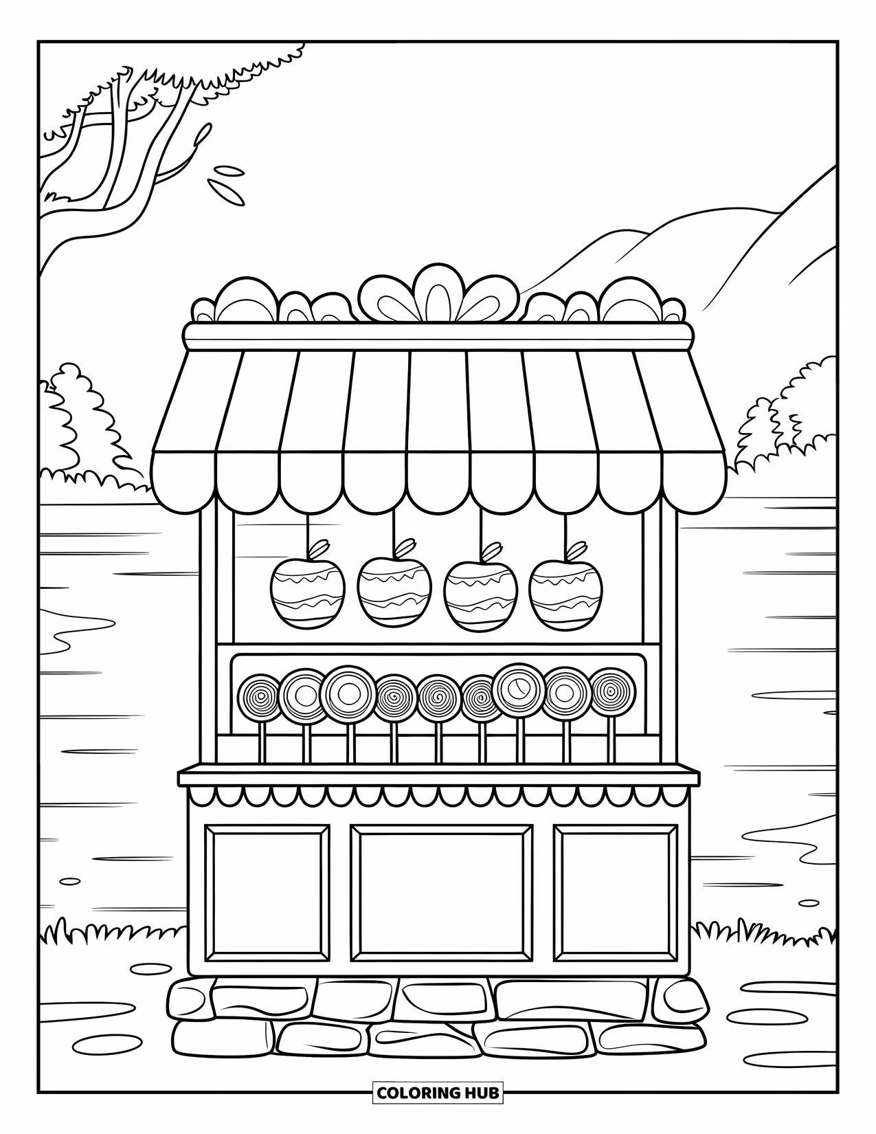 Trick Or Treat Coloring Page for Kids: Candy stand with sweets by a lake and mountains