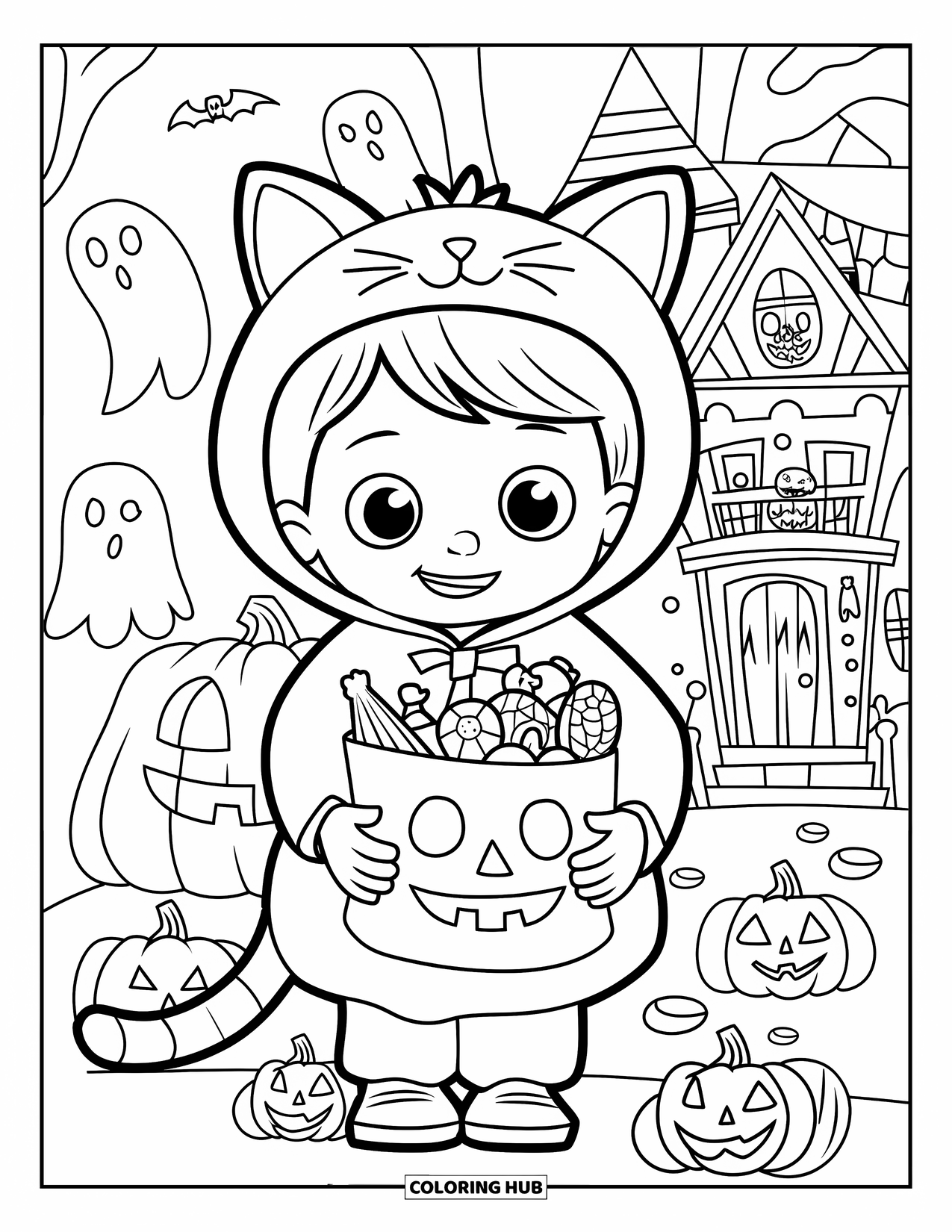 Trick Or Treat Coloring Page for Kids: Cat child with candy bag near a haunted house