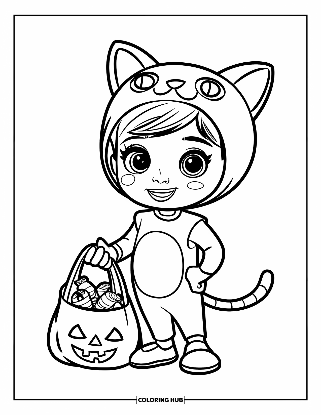 Trick Or Treat Coloring Page for Kids: Cat-costumed child holding candy bag on white background