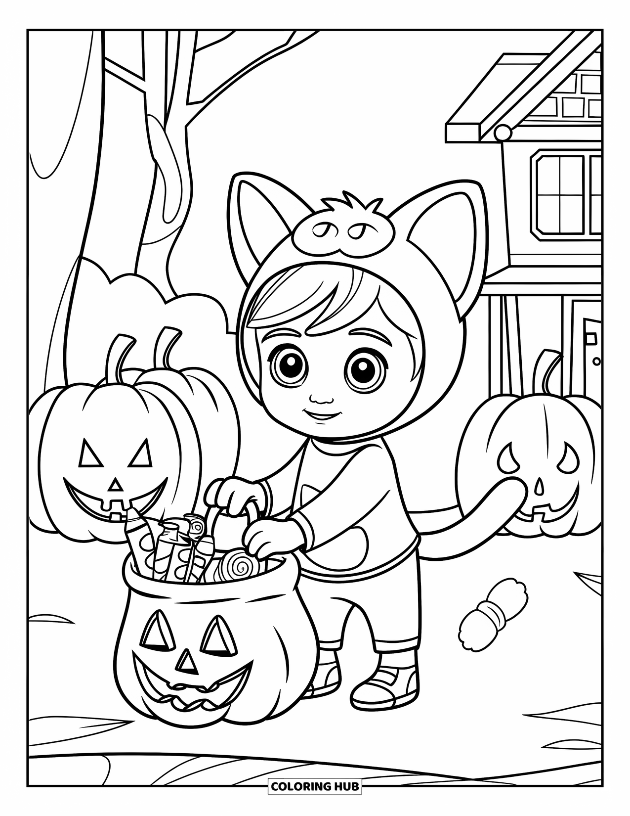 Trick Or Treat Coloring Page for Kids: Cat-costumed child with pumpkins and a small house