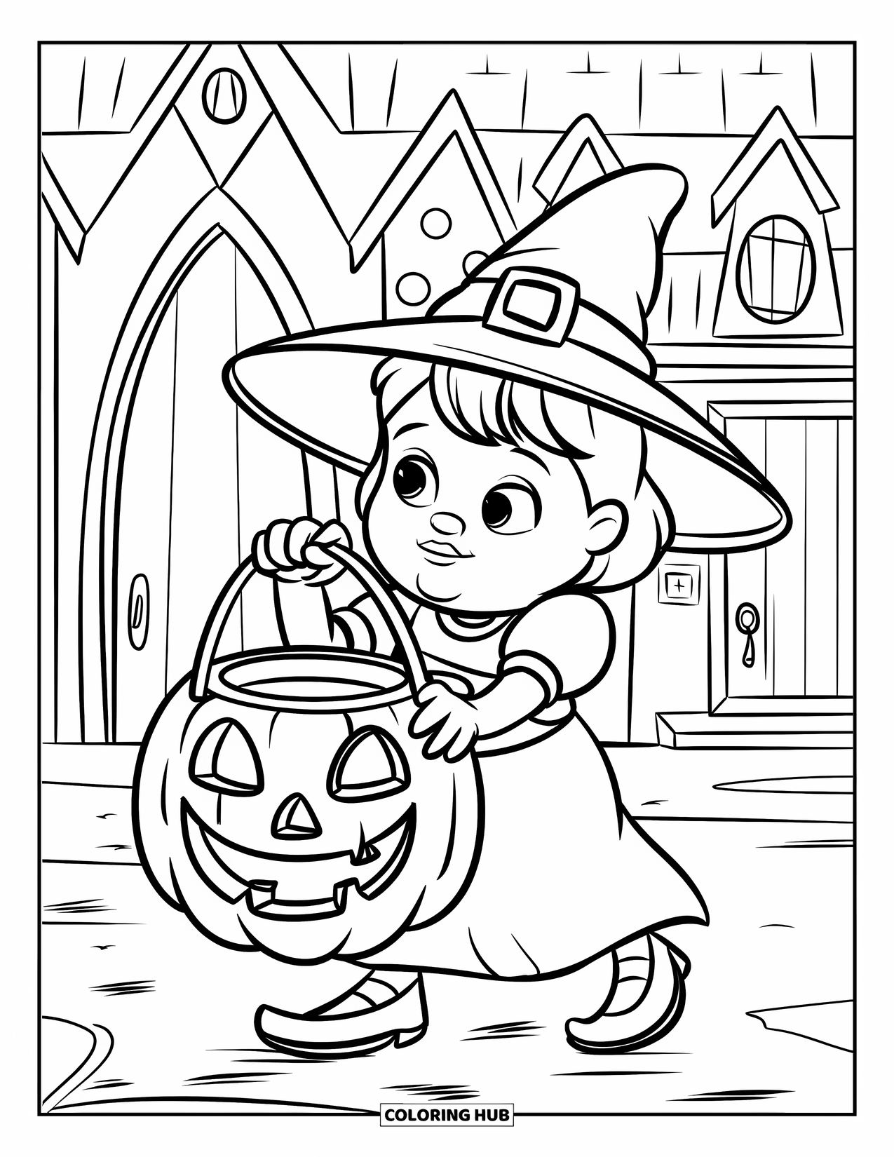 Trick Or Treat Coloring Page for Kids: Child witch with pumpkin bucket near a haunted house