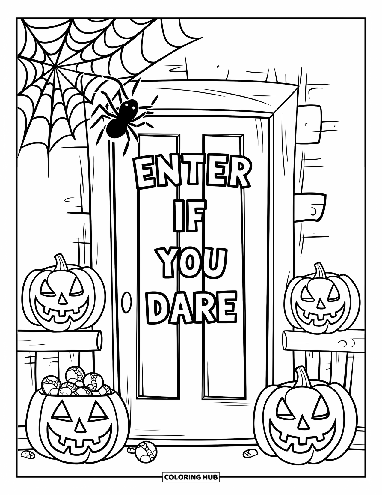 Trick Or Treat Coloring Page for Kids: Door with cobwebs, pumpkins, and "Enter if you dare" sign