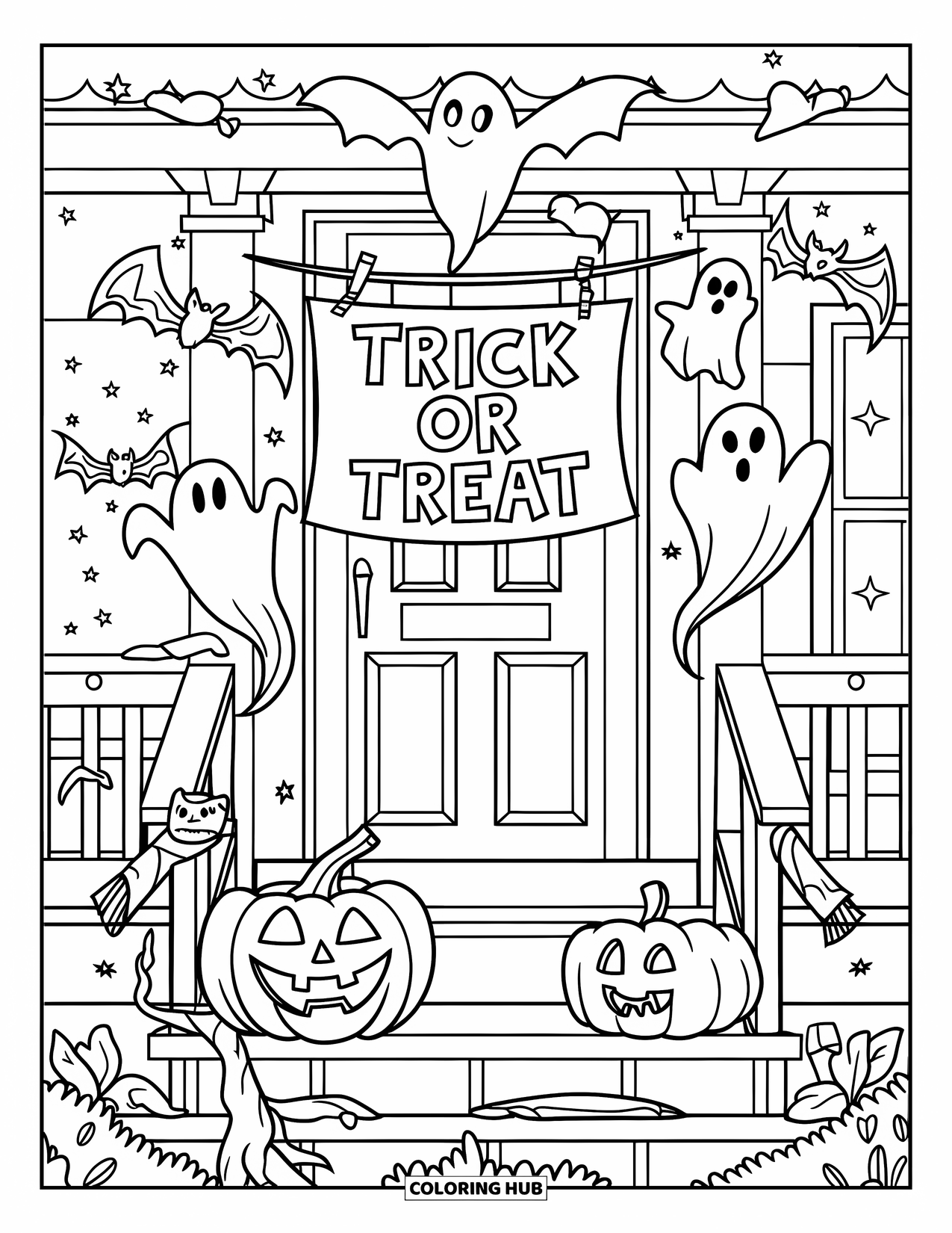 Trick Or Treat Coloring Page for Kids: Front porch with sign, pumpkins, and Halloween decorations