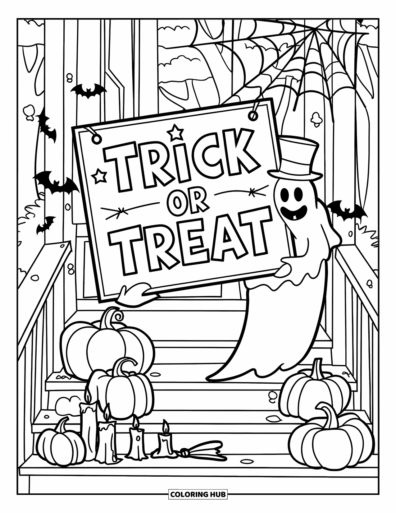 Trick Or Treat Coloring Page for Kids: Ghost in a top hat holding a porch "Trick or Treat" sign