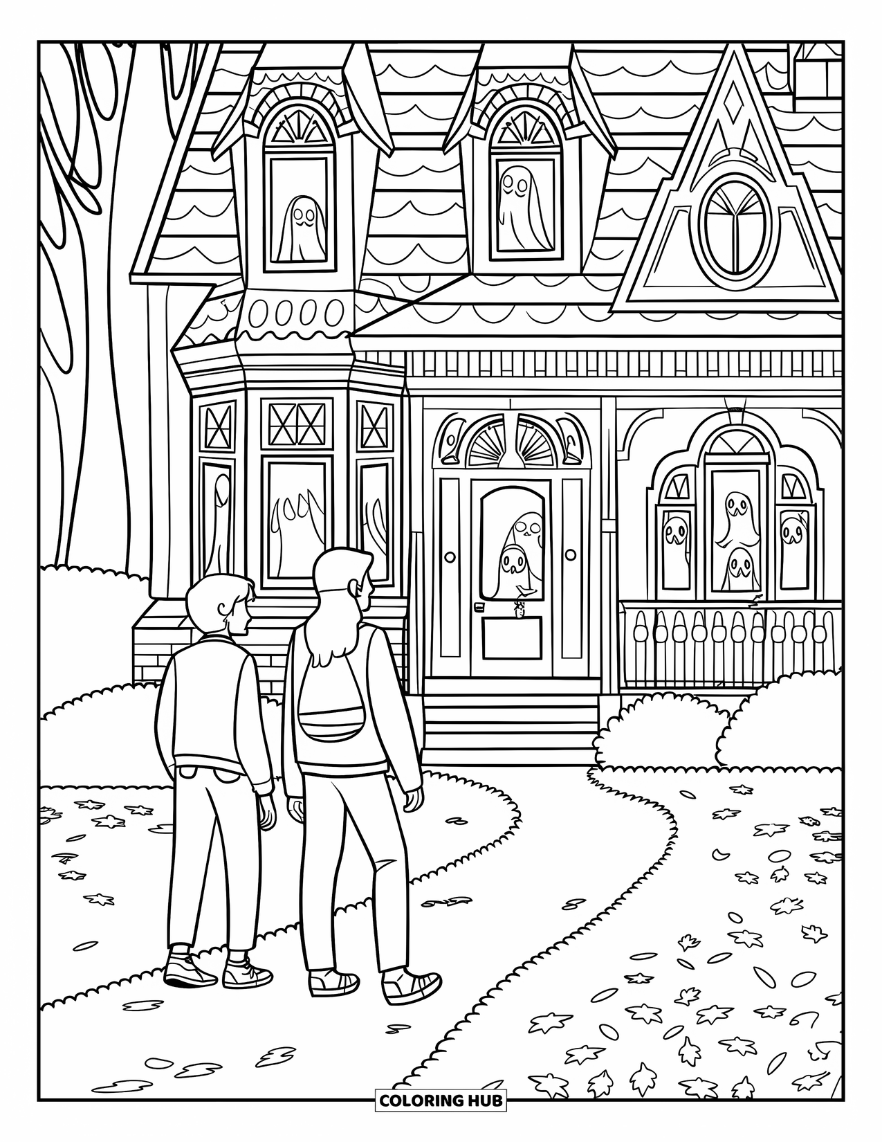 Trick Or Treat Coloring Page for Kids: Ghostly haunted house with teens approaching the steps