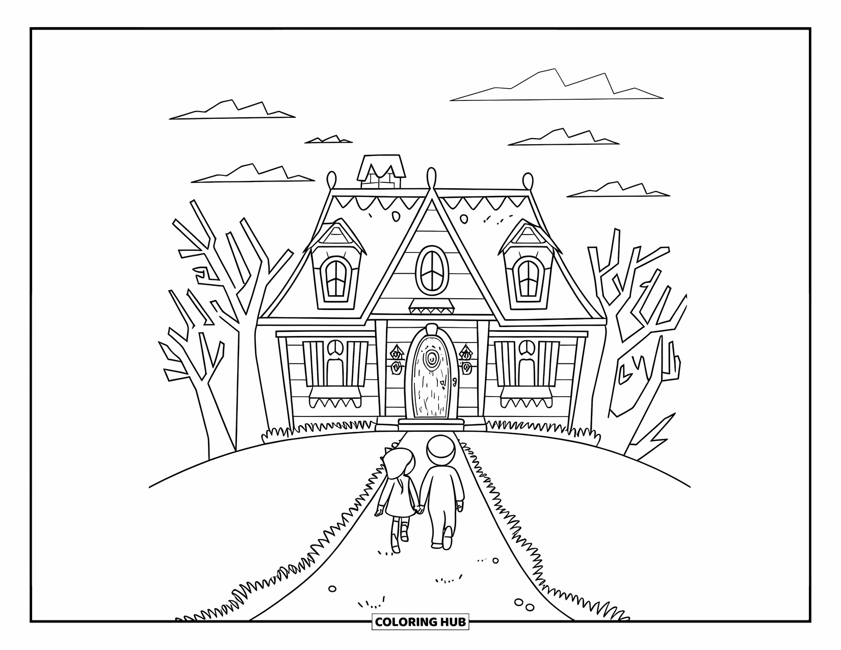 Trick Or Treat Coloring Page for Kids: Haunted house path with two kids walking toward it