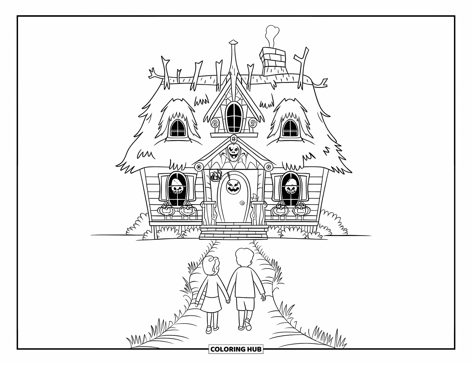 Trick Or Treat Coloring Page for Kids: Haunted house with kids walking through a dark forest path