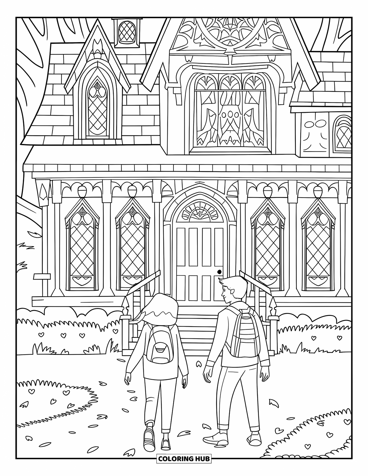 Trick Or Treat Coloring Page for Kids: Haunted house with two teens carrying backpacks