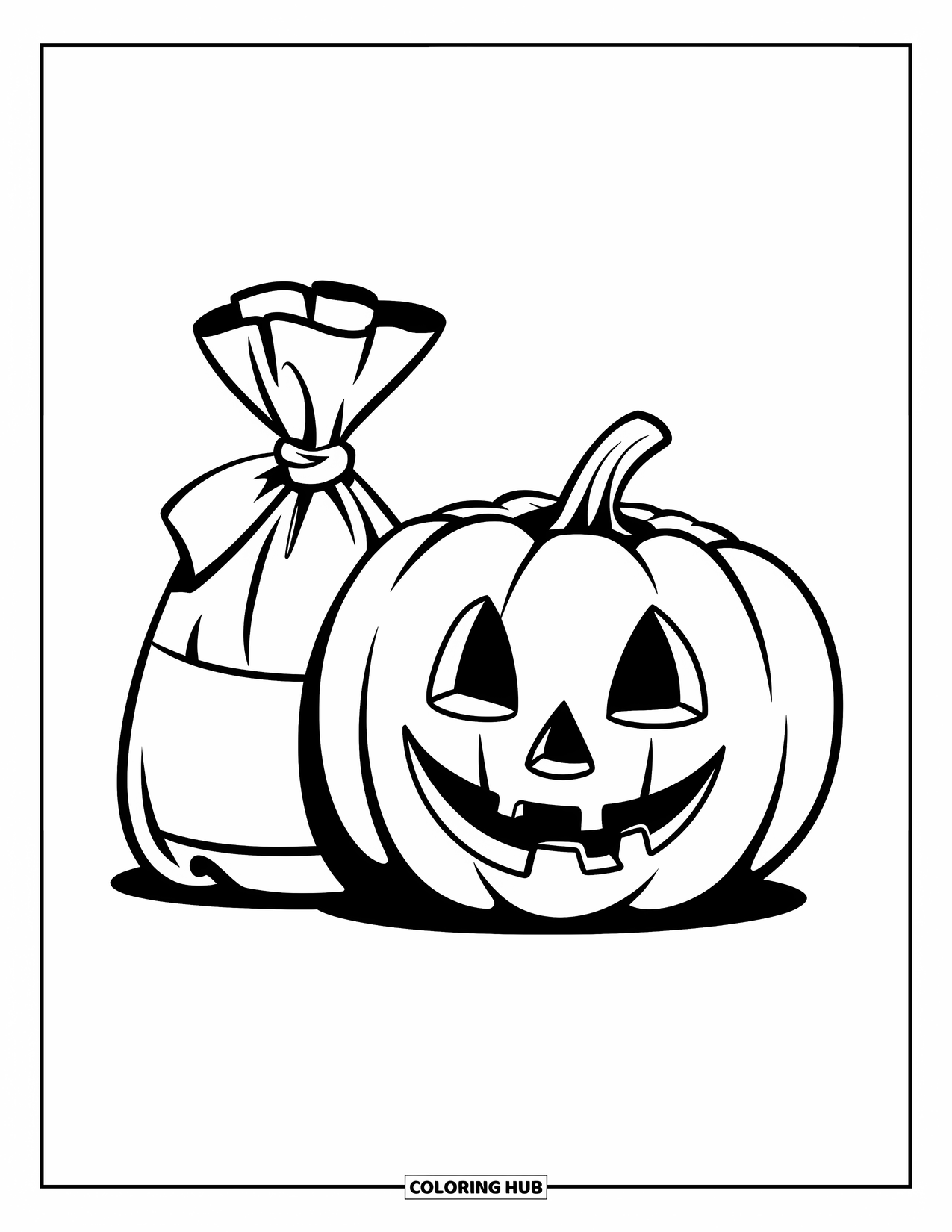 Trick Or Treat Coloring Page for Kids: Jack-o'-lantern and candy bag with ribbon tie