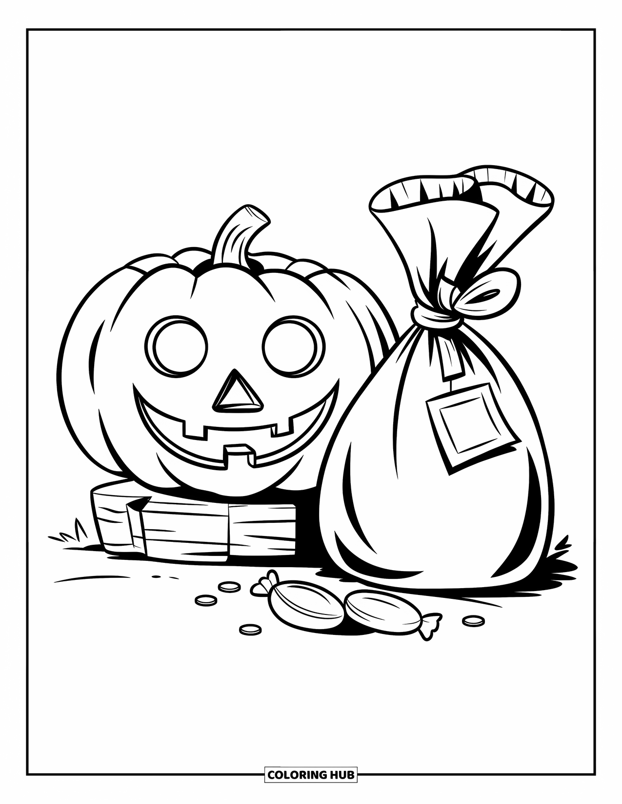 Trick Or Treat Coloring Page for Kids: Jack-o'-lantern on a stake beside a tied candy bag
