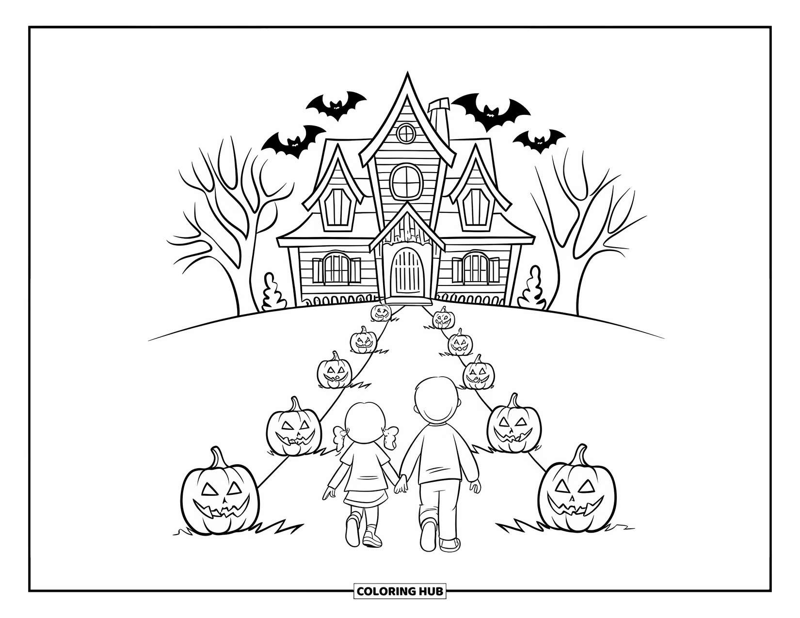 Trick Or Treat Coloring Page for Kids: Kids walking past pumpkins and bats to a haunted house